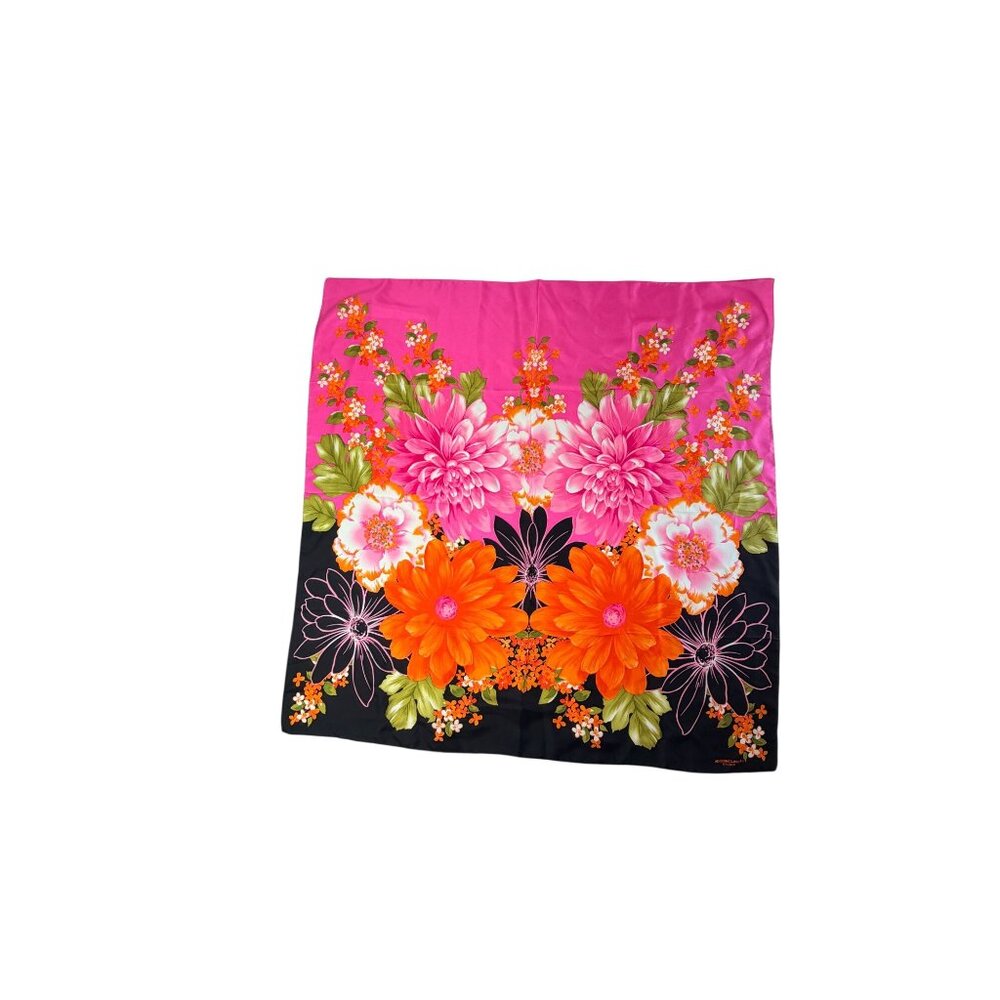 Adrienne Landau Studio Floral Silk Scarf Pink Orange Black Bold Retro Design 35" - Picture 10 of 11